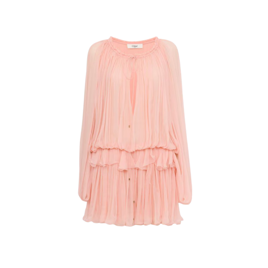 Mini robe cape CHLOE fronce mousseline soie bio rose volants liens