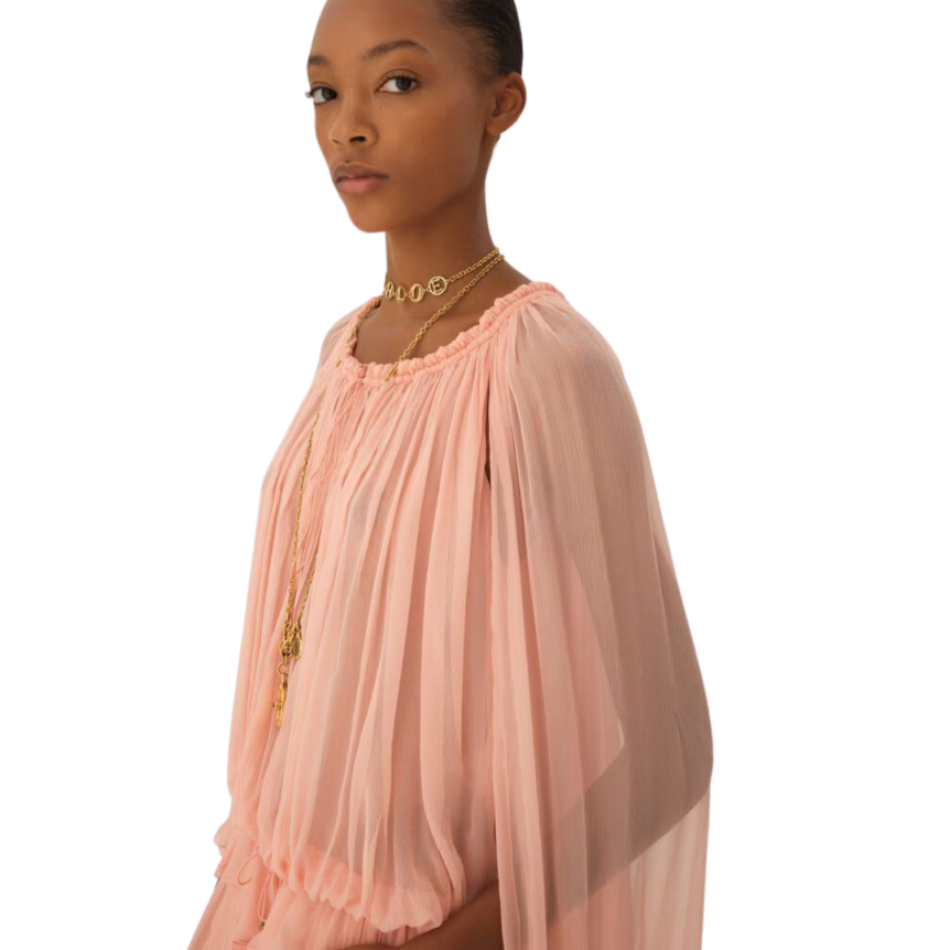 Mini robe cape CHLOE fronce mousseline soie bio rose volants liens