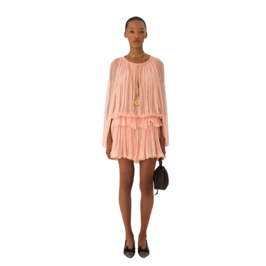 Mini robe cape CHLOE fronce mousseline soie bio rose volants liens