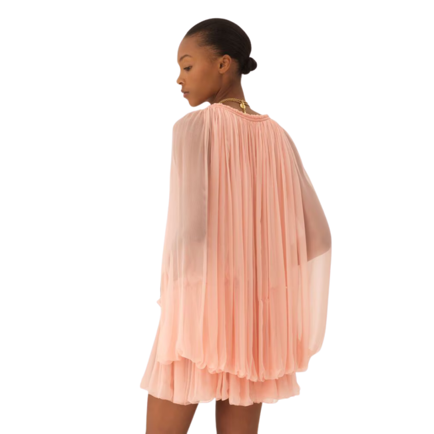 Mini robe cape CHLOE fronce mousseline soie bio rose volants liens