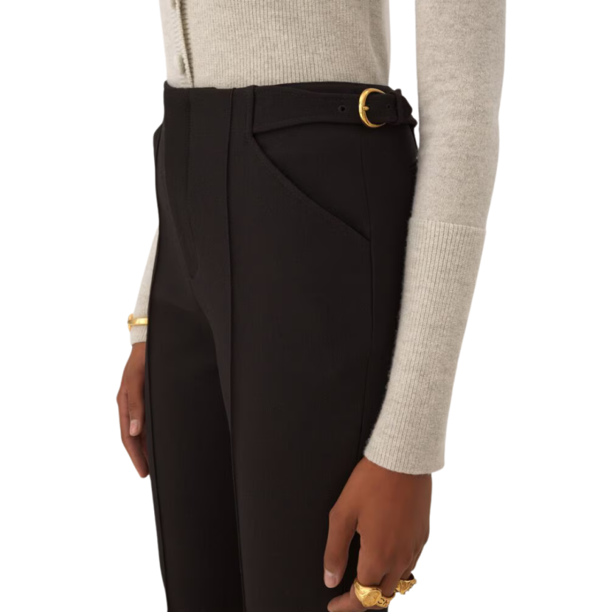 Pantacourt tailleur CHLOE Capri crêpe laine noir boucle dorée