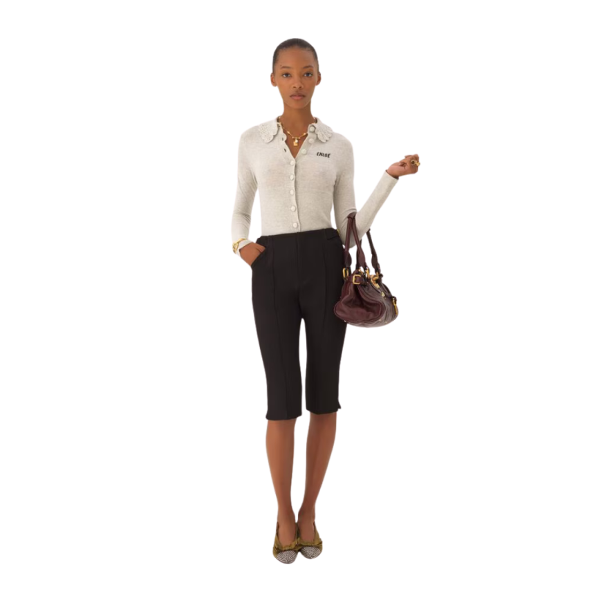 Pantacourt tailleur CHLOE Capri crêpe laine noir boucle dorée