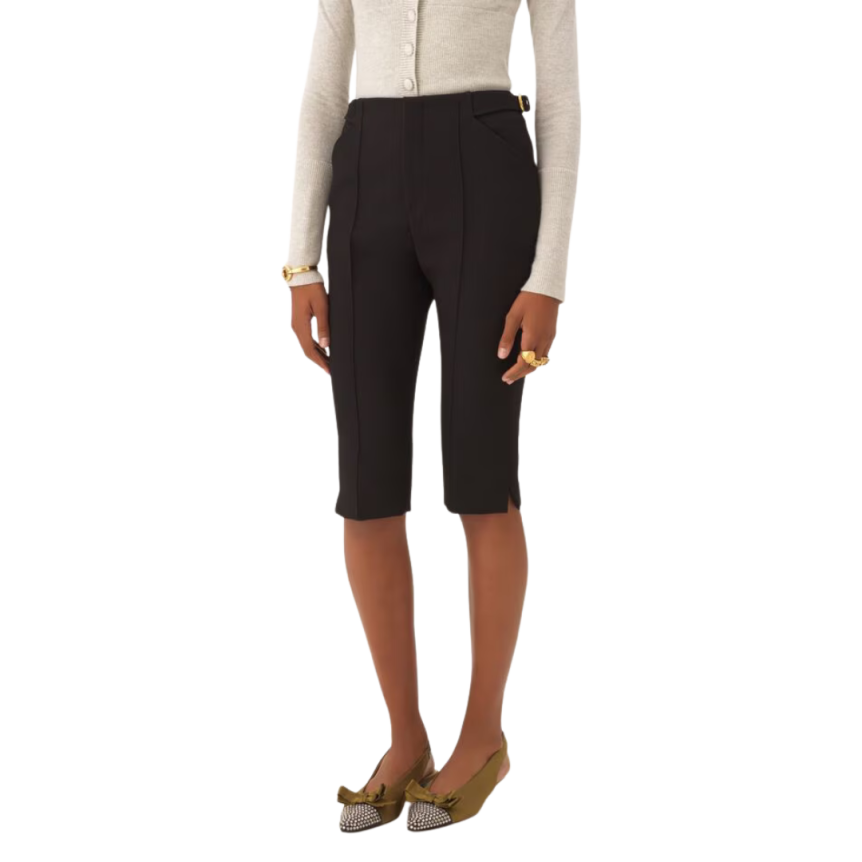 Pantacourt tailleur CHLOE Capri crêpe laine noir boucle dorée