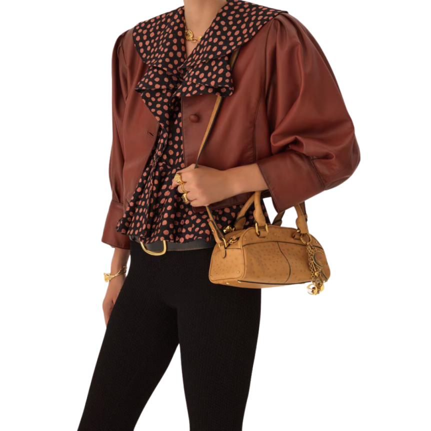 Petit sac Bowling CHLOE cuir buffle effet autruche beige charms dorés