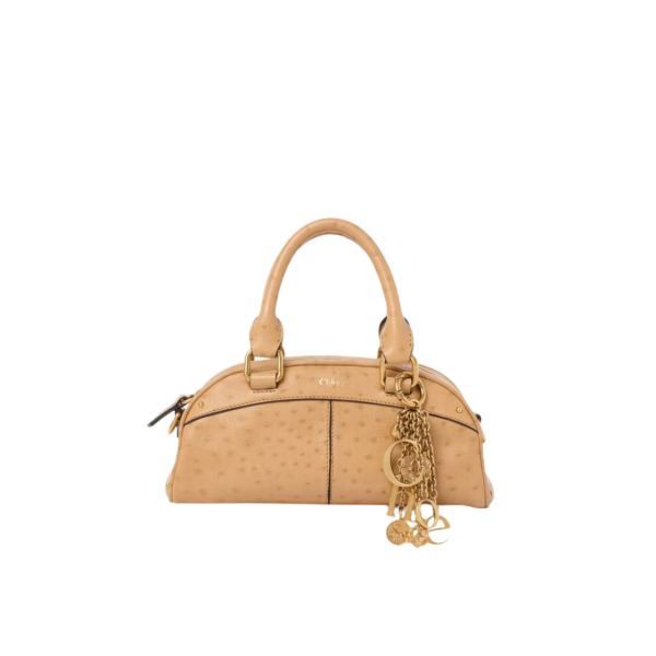 Petit sac Bowling CHLOE cuir buffle effet autruche beige charms dorés