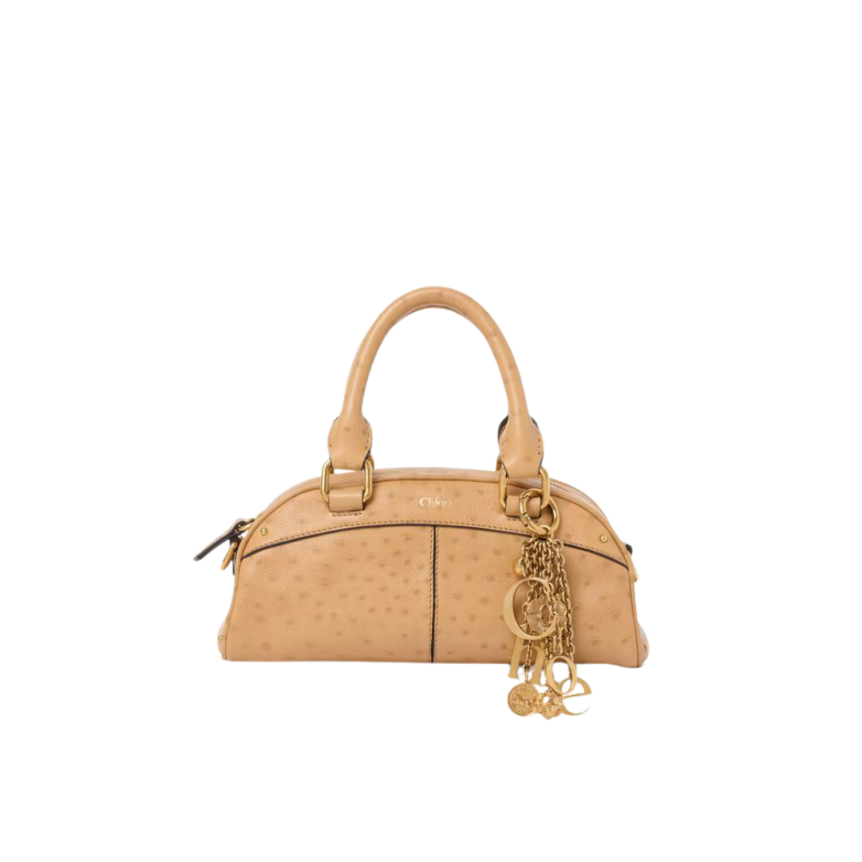 Petit sac Bowling CHLOE cuir buffle effet autruche beige charms dorés