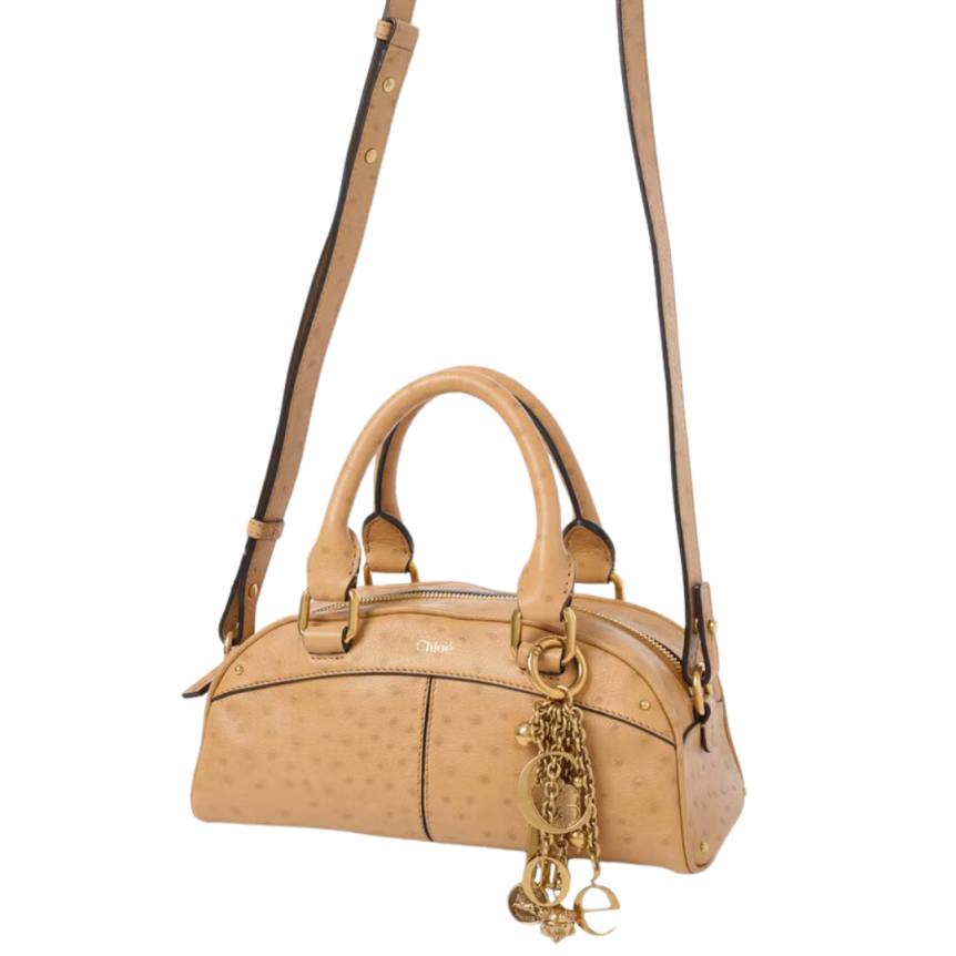 Petit sac Bowling CHLOE cuir buffle effet autruche beige charms dorés