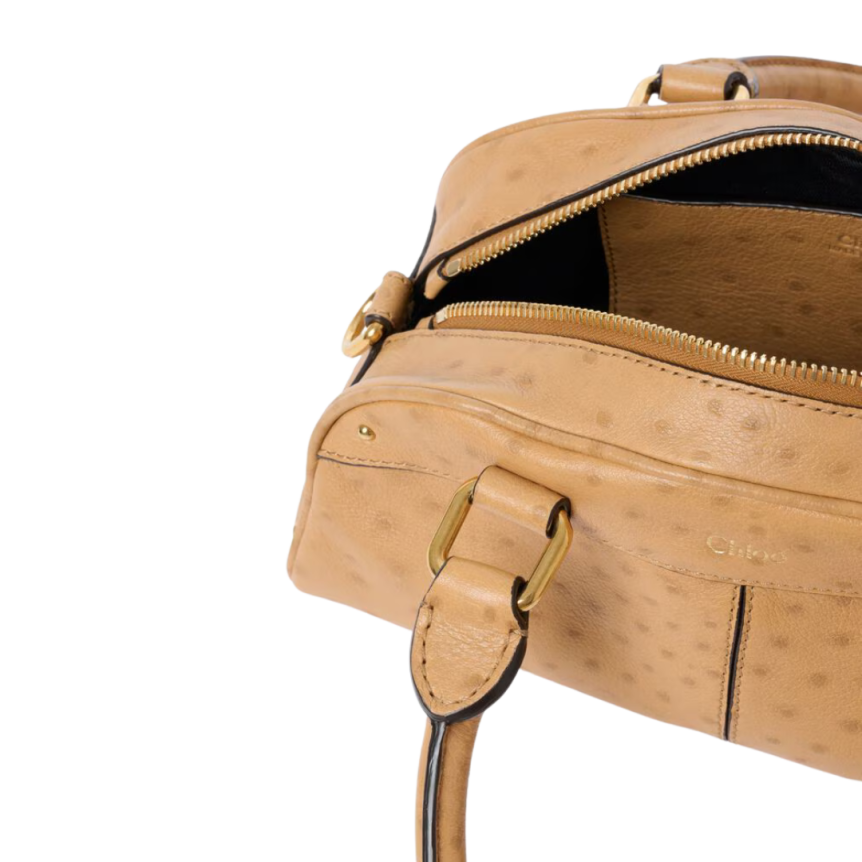 Petit sac Bowling CHLOE cuir buffle effet autruche beige charms dorés