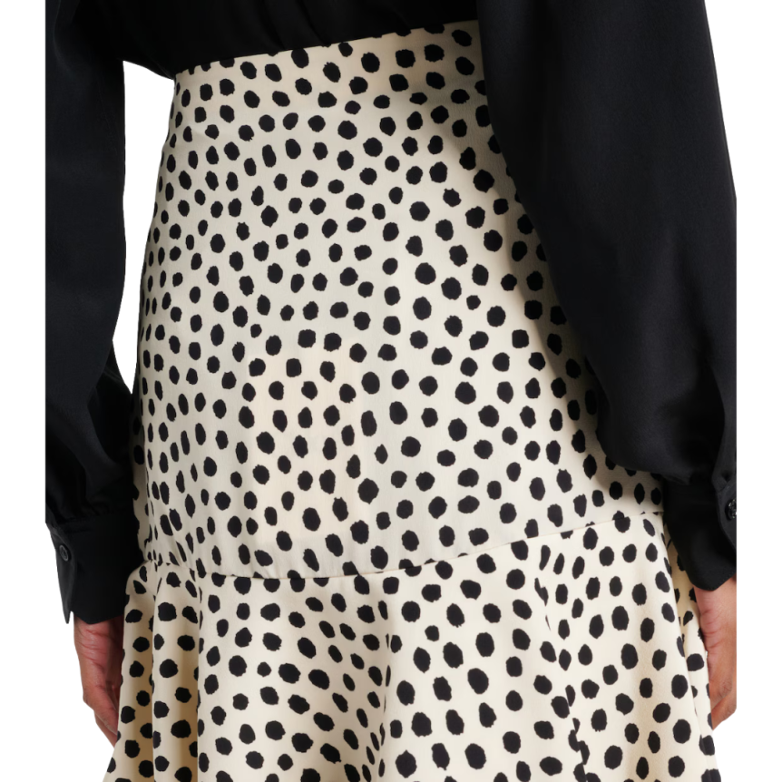 Jupe courte CHLOE soie écrue pois noir volants