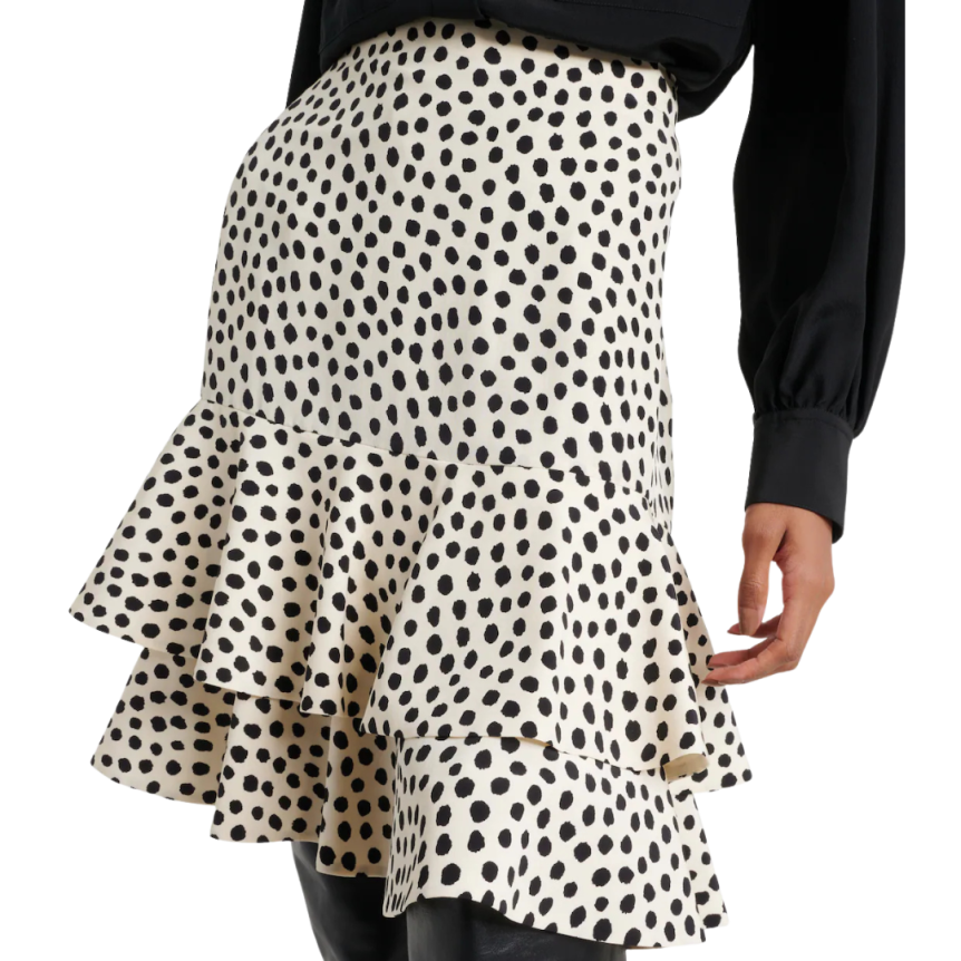 Jupe courte CHLOE soie écrue pois noir volants
