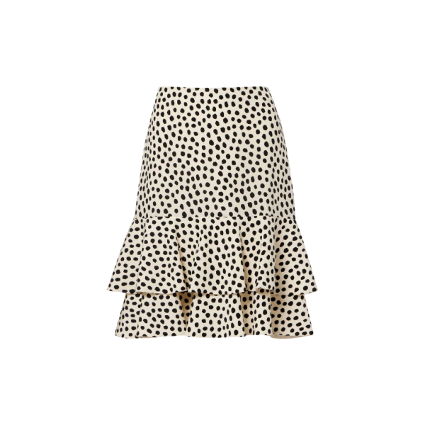 Jupe courte CHLOE soie écrue pois noir volants