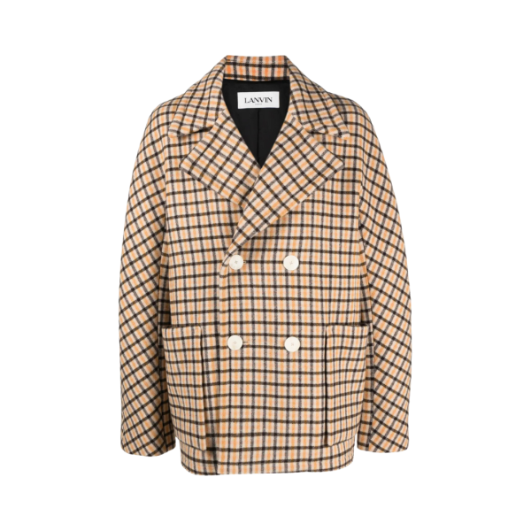 Manteau court LANVIN caban laine vierge écru carreaux orange et noir