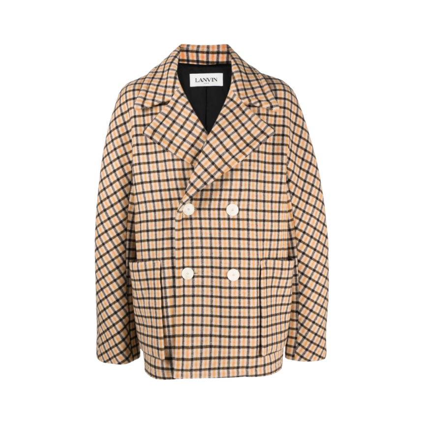 Manteau court LANVIN caban laine vierge écru carreaux orange et noir