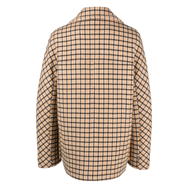 Manteau court LANVIN caban laine vierge écru carreaux orange et noir