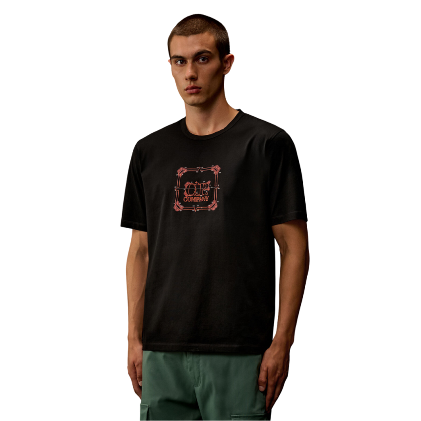 T-shirt CP COMPANY col rond manche courte jersey coton noir logo carré Metropolis Collection