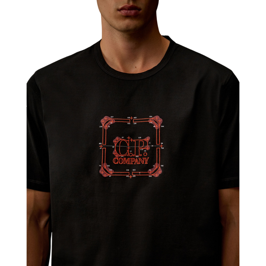 T-shirt CP COMPANY col rond manche courte jersey coton noir logo carré Metropolis Collection