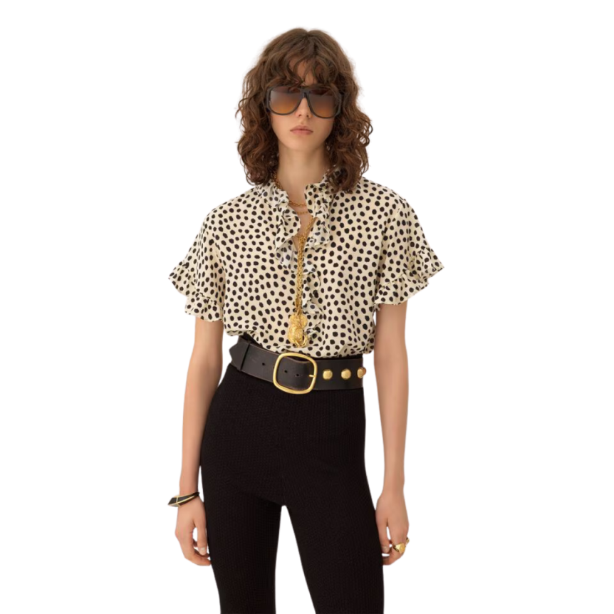 Top blouse manche courte CHLOE crêpe chine soie bio écru pois noir