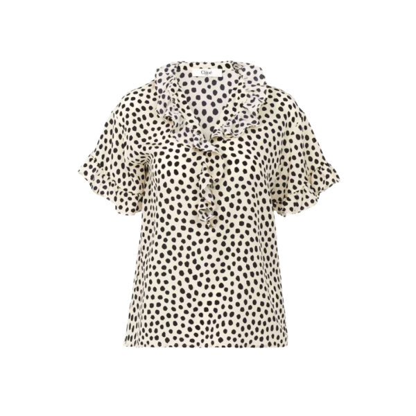 Top blouse manche courte CHLOE crêpe chine soie bio écru pois noir