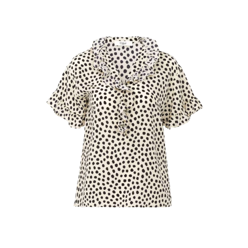 Top blouse manche courte CHLOE crêpe chine soie bio écru pois noir