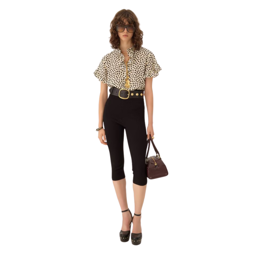 Top blouse manche courte CHLOE crêpe chine soie bio écru pois noir