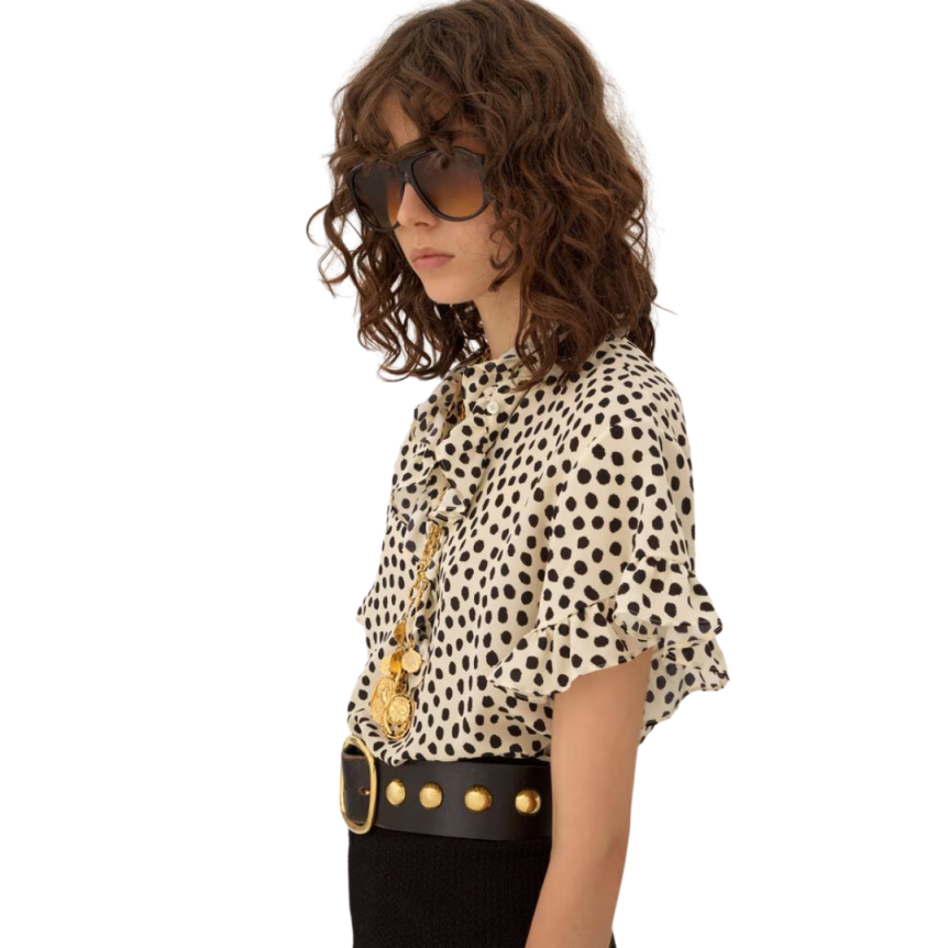 Top blouse manche courte CHLOE crêpe chine soie bio écru pois noir