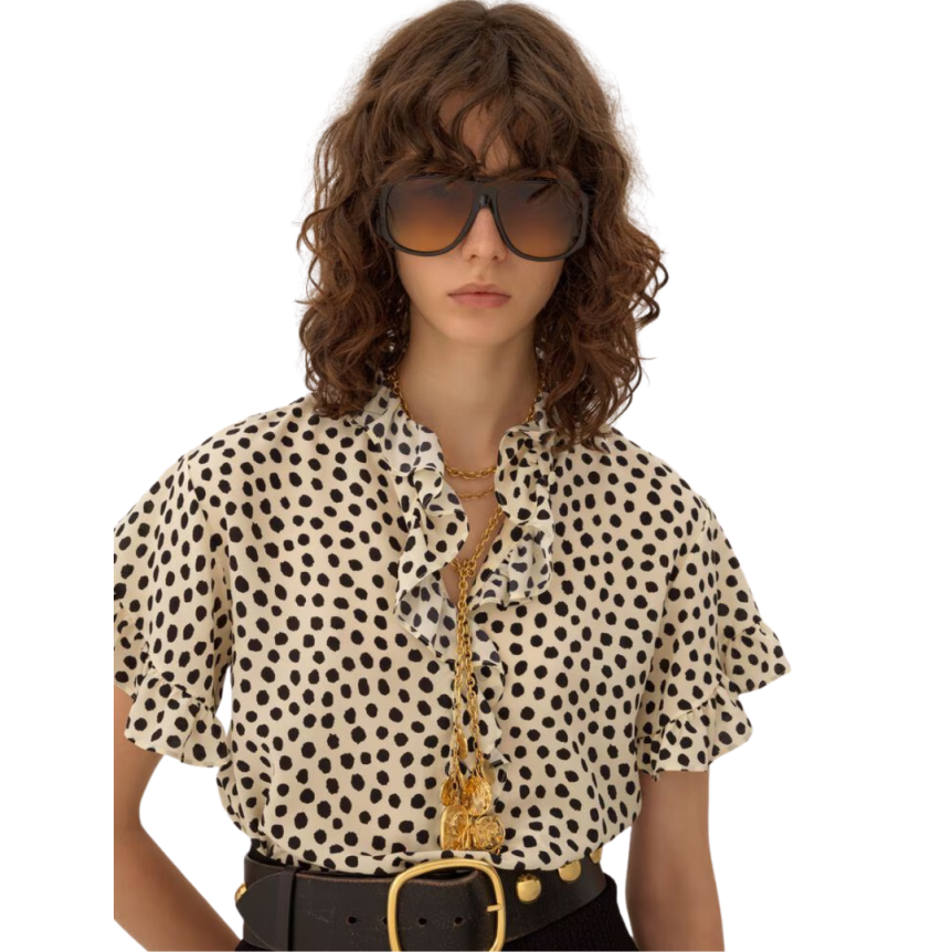 Top blouse manche courte CHLOE crêpe chine soie bio écru pois noir