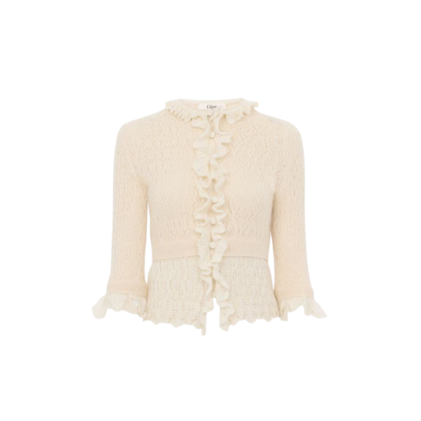 Pull court maille ajourée laine alpaga mohair soie écru volants