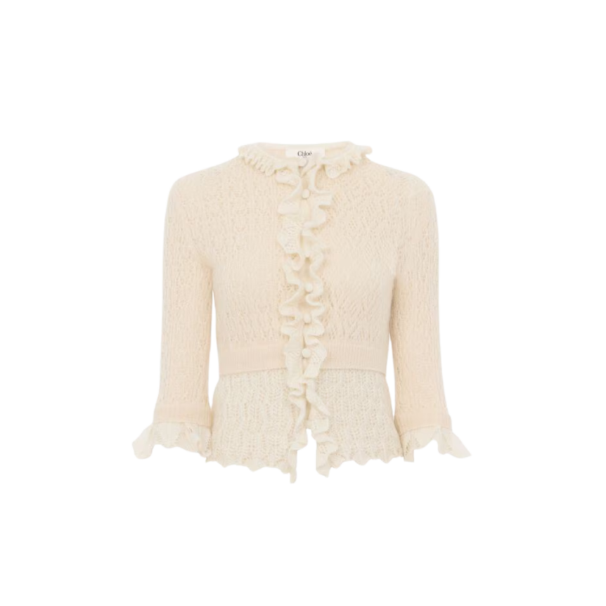 Pull court maille ajourée laine alpaga mohair soie écru volants