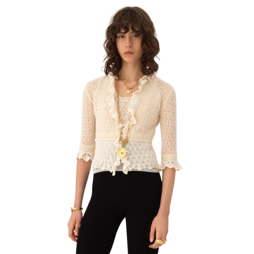 Pull court maille ajourée laine alpaga mohair soie écru volants