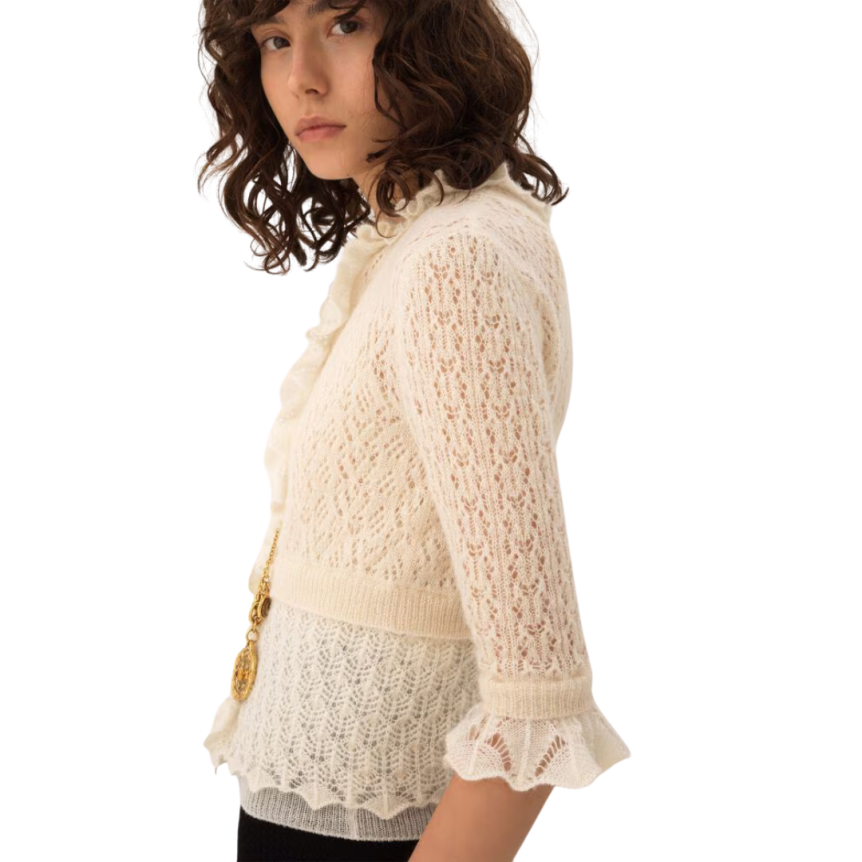 Pull court maille ajourée laine alpaga mohair soie écru volants