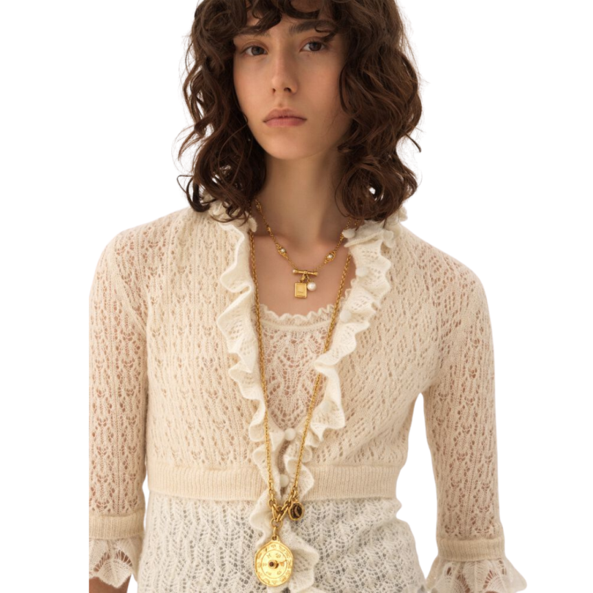 Pull court maille ajourée laine alpaga mohair soie écru volants