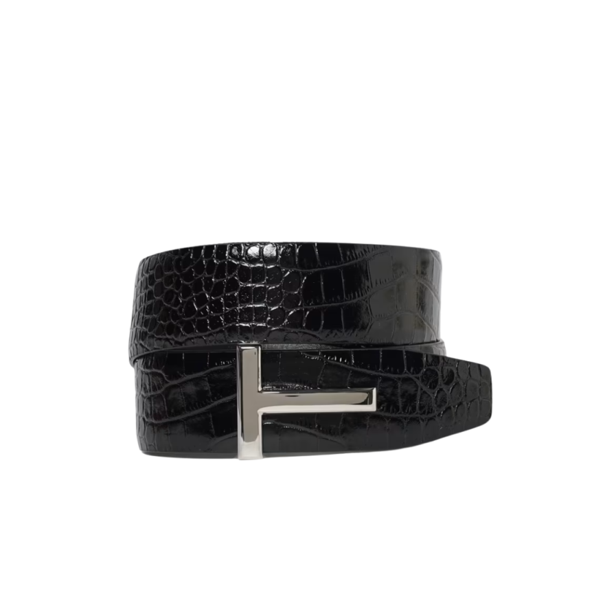 Ceinture TOM FORD cuir veau embossé croco boucle T argent