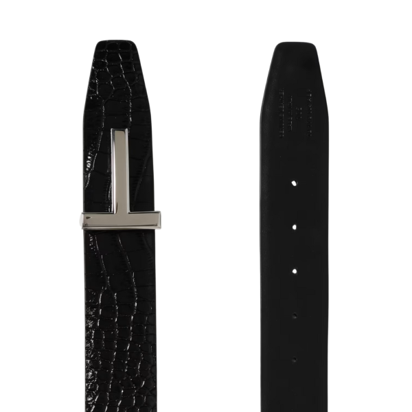Ceinture TOM FORD cuir veau embossé croco boucle T argent