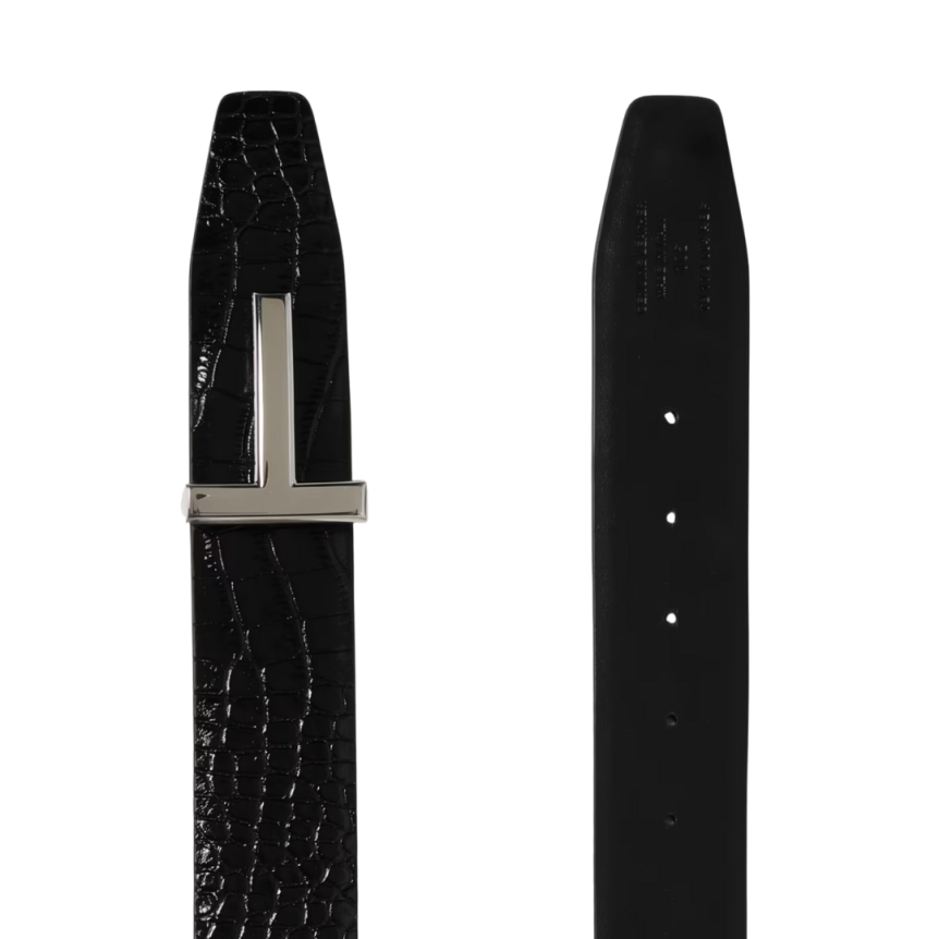 Ceinture TOM FORD cuir veau embossé croco boucle T argent