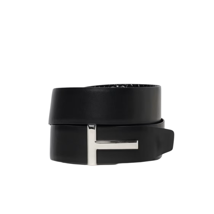 Ceinture TOM FORD cuir veau embossé croco boucle T argent