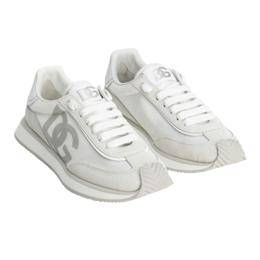 Baskets sneakers DOLCE & GABBANA Cushion cuir résille daim blanc logo DG gris