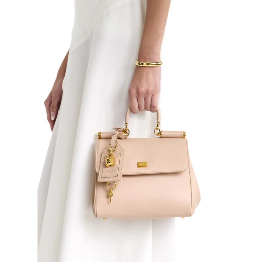 Sac porté main DOLCE & GABBANA My Sicily Petit cuir veau plongé rose poudré charms bandoulière