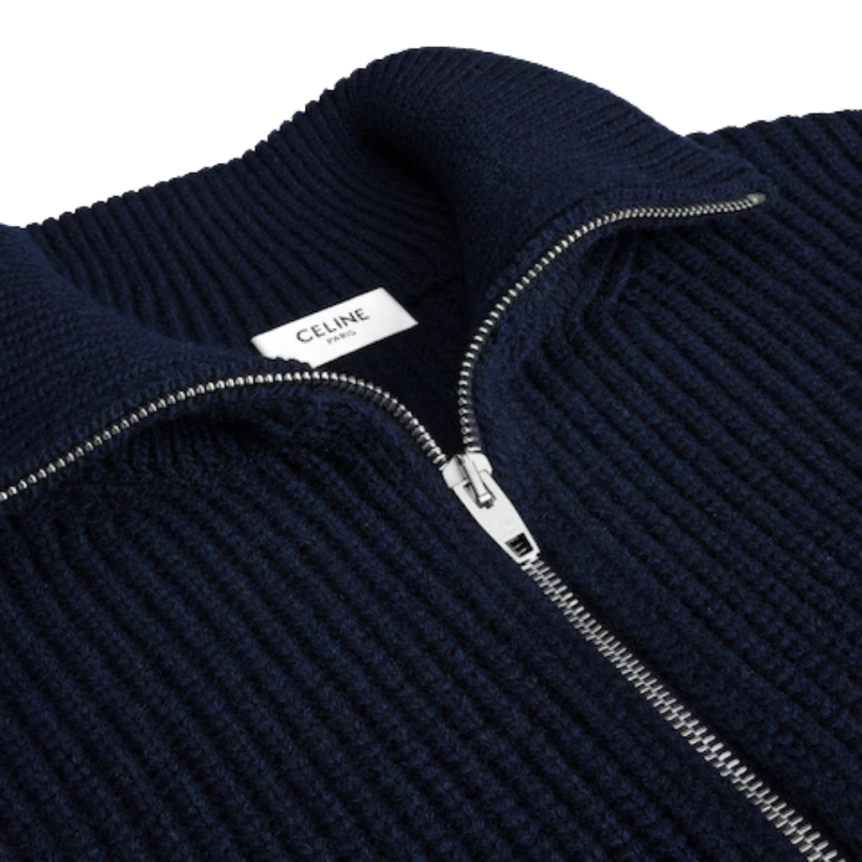 cardigan zippé col  CELINE laine côtelée bleu marine Triomphe Blanc