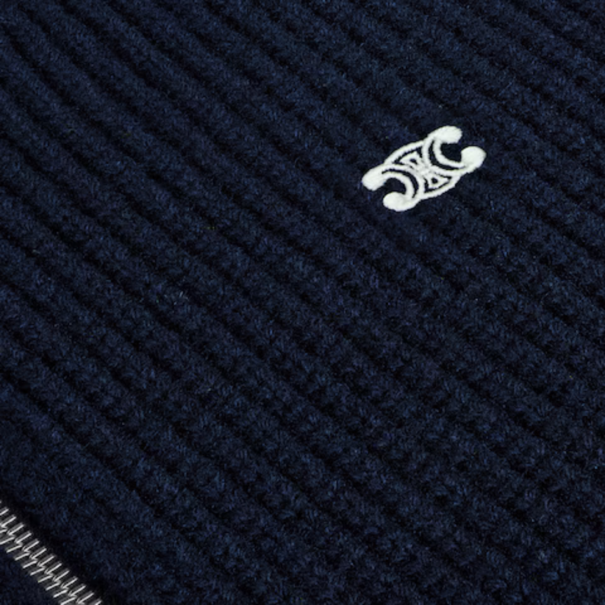 cardigan zippé col  CELINE laine côtelée bleu marine Triomphe Blanc