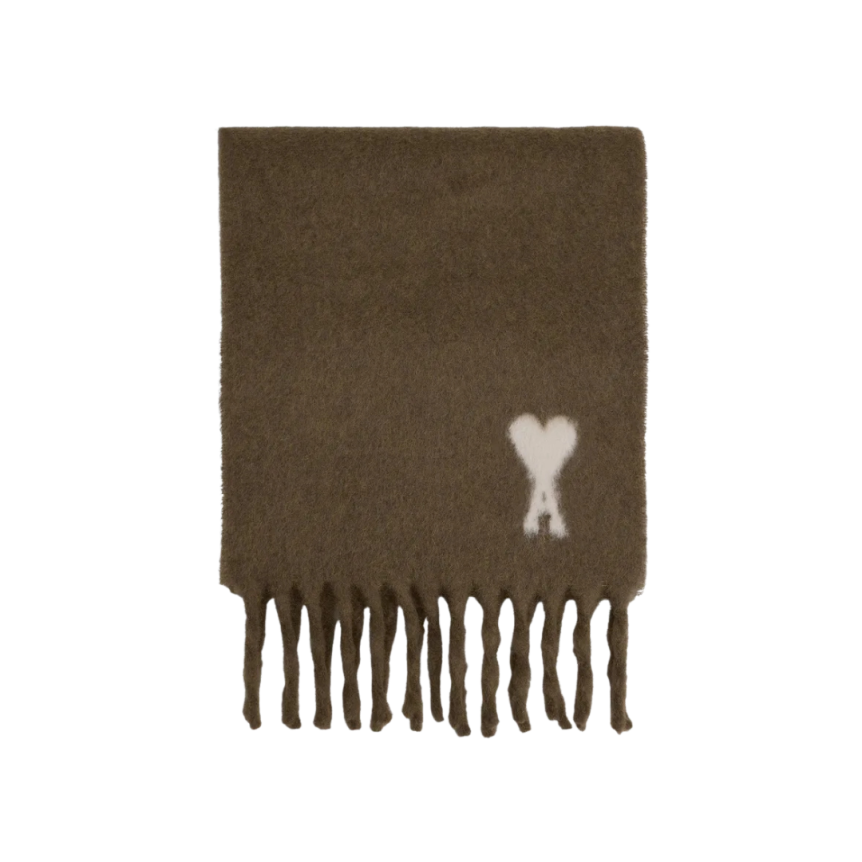 Echarpe oversize AMI Paris laine alpaga mélangé marron cœur blanc