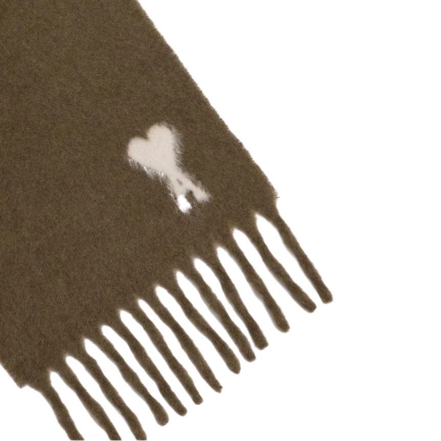 Echarpe oversize AMI Paris laine alpaga mélangé marron cœur blanc