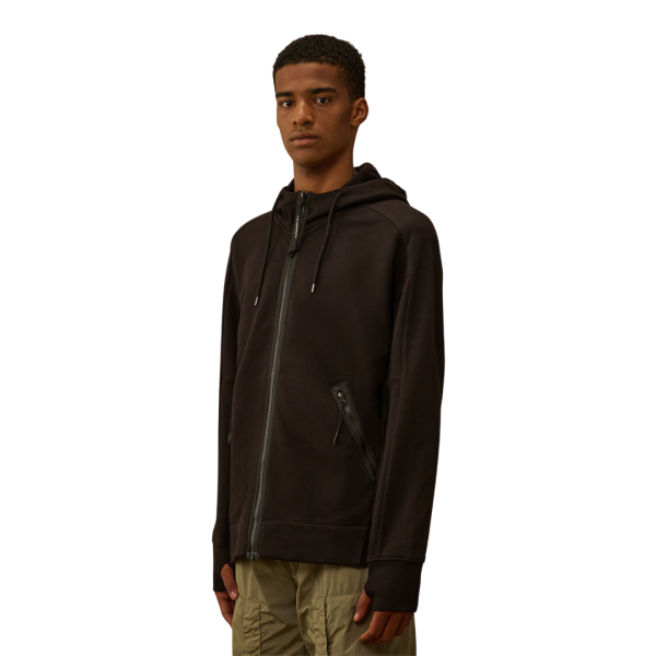 CP COMPANY Sweat-shirt cardigan zippé polaire motif diagonal relief noir capuche  lunettes