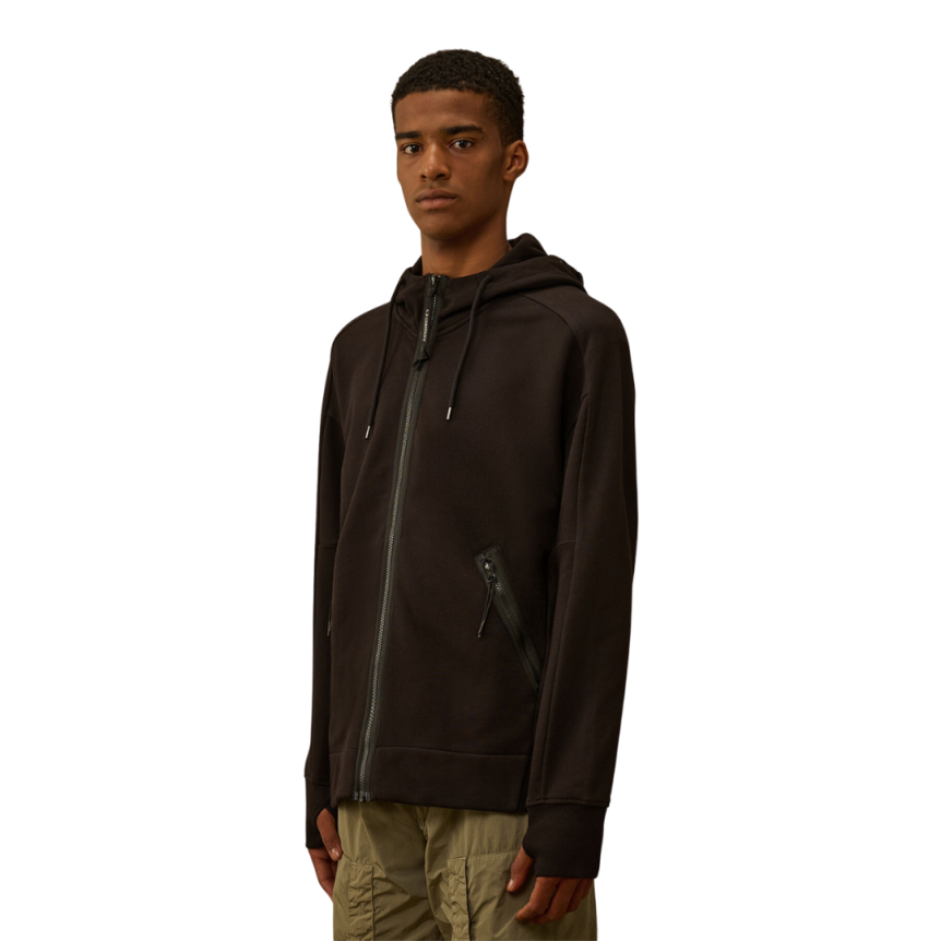 CP COMPANY Sweat-shirt cardigan zippé polaire motif diagonal relief noir capuche  lunettes