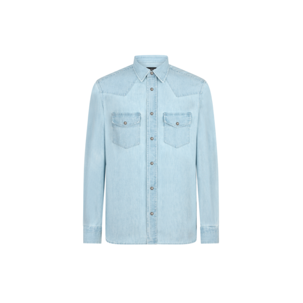 Chemise TOM FORD Western coton jean bleu ciel poche plaquée bouton nacre
