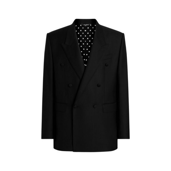 Veste  croisée costume DOLCE & GABBANA sergé laine bleu marine intérieur pois