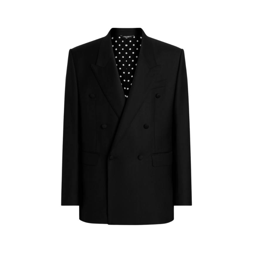 Veste droite costume DOLCE & GABBANA sergé laine bleu marine intérieur pois