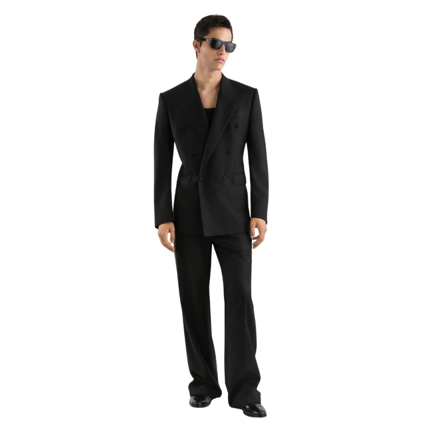 Veste droite costume DOLCE & GABBANA sergé laine bleu marine intérieur pois