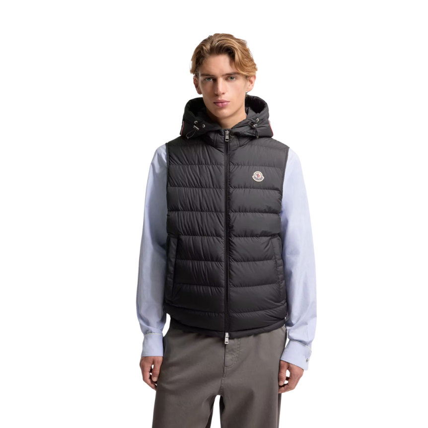 Doudoune sans manches MONCLER Marseillan nylon noir capuche liseret tricolore