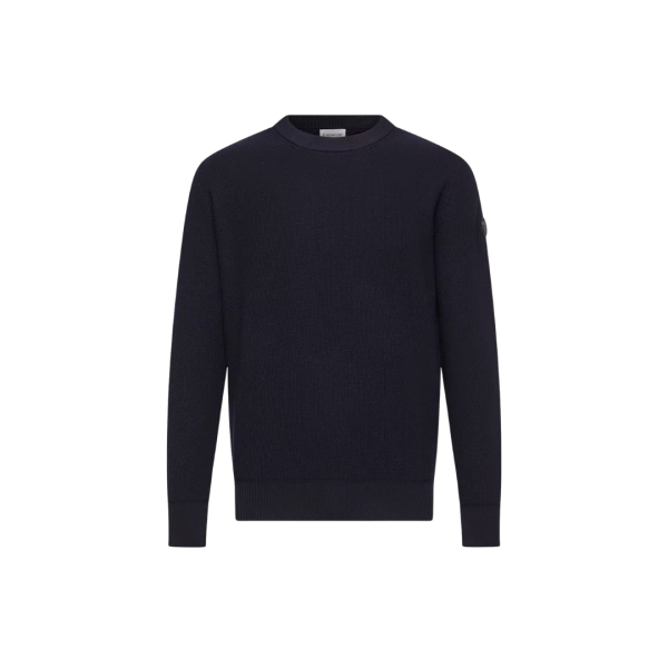 Pull col rond MONCLER laine vierge nid d'abeille bleu marine logo cuir