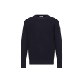 Pull col rond laine vierge nid d'abeille bleu marine logo cuir